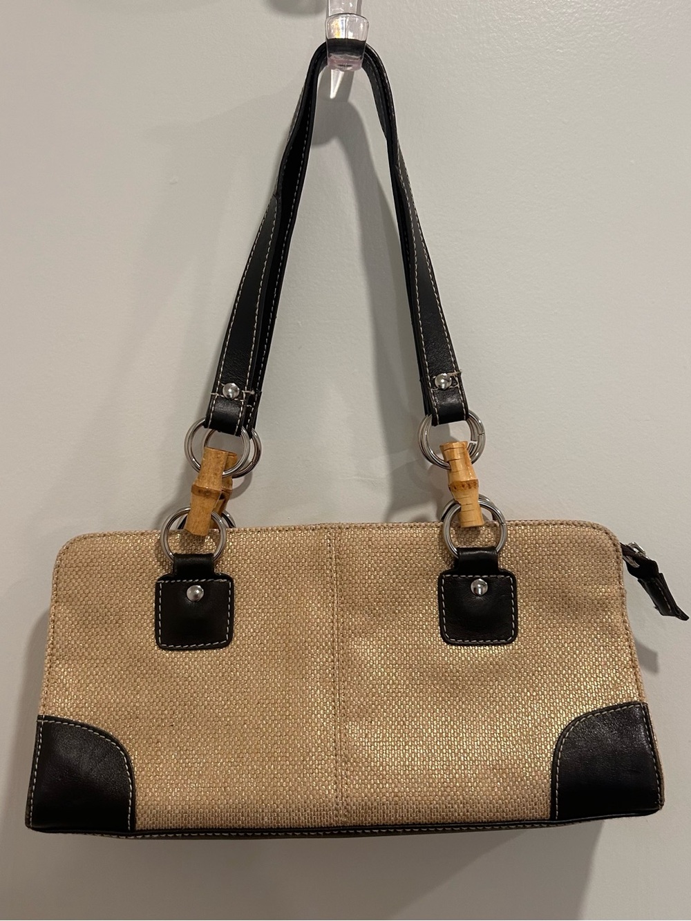 Kate Landry Beige Straw Shoulder Bag with Brown Trim